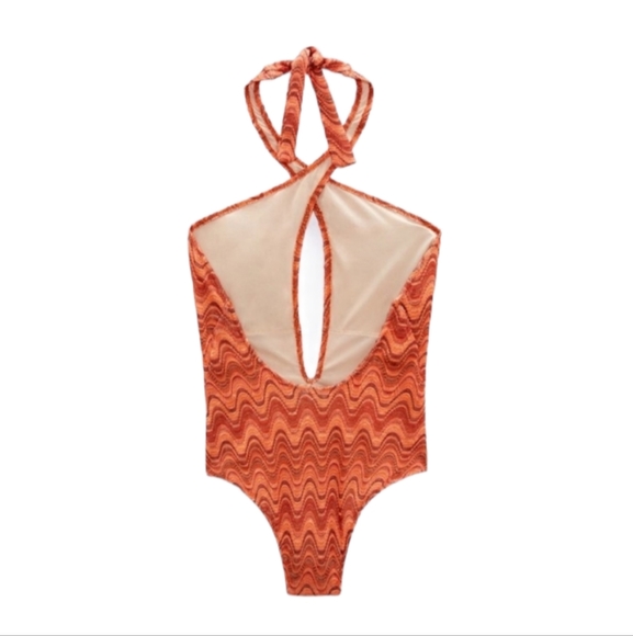 Zara Orange wavy Halter top one-piece swimwear size S - Picture 2 of 5